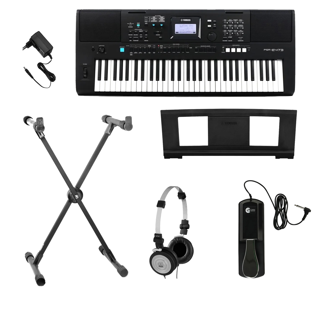 Kit Teclado Yamaha Psr-e473 Akg 414 Suporte Pedal Sustain MCXQualysom